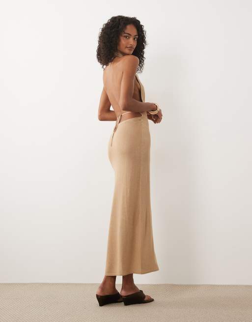 Miss Selfridge Neckholder-Strickkleid mit Glitzer in Gold, 3 von 4