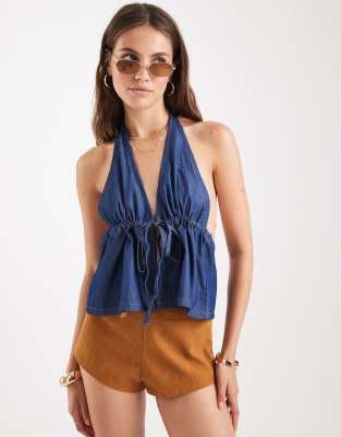 Miss Selfridge - Neckholder-Top aus Jeans-Chambray in blauer Waschung