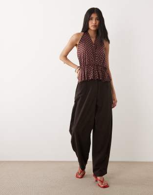 Neckholder-Wickeloberteil mit geraffter Taille und Polka Dots-Braun Braun L