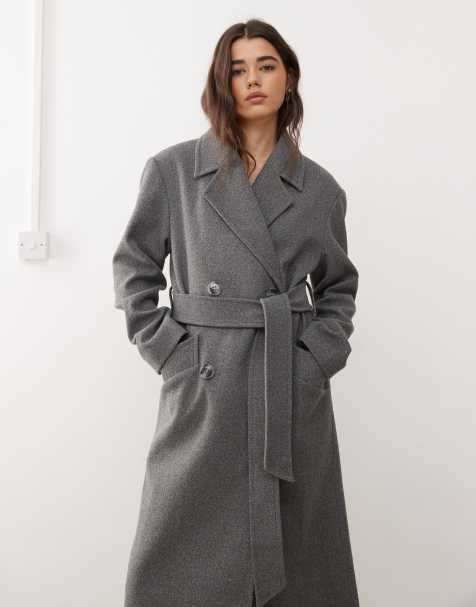 Miss Selfridge - Nette jas met overslag en riem in gemêleerd grijs - view 1