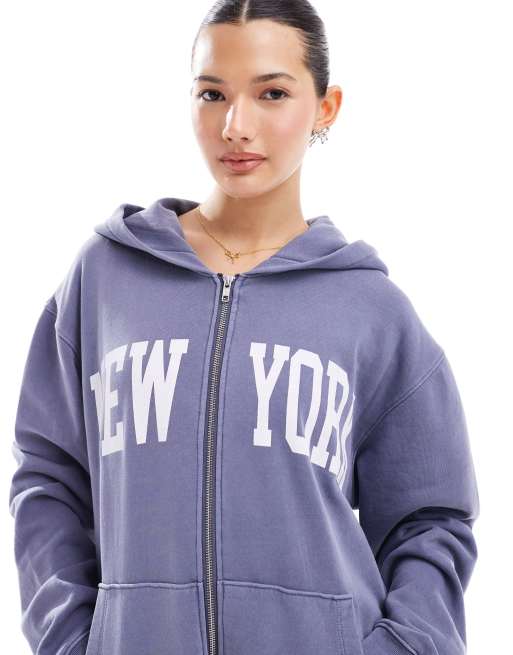 Miss Selfridge - New York - Forvasket marineblå hættetrøje med lynlås, 2 af 4