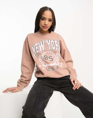 Miss Selfridge New York graphic print sweatshirt in vintage washed mocha - ASOS Price Checker