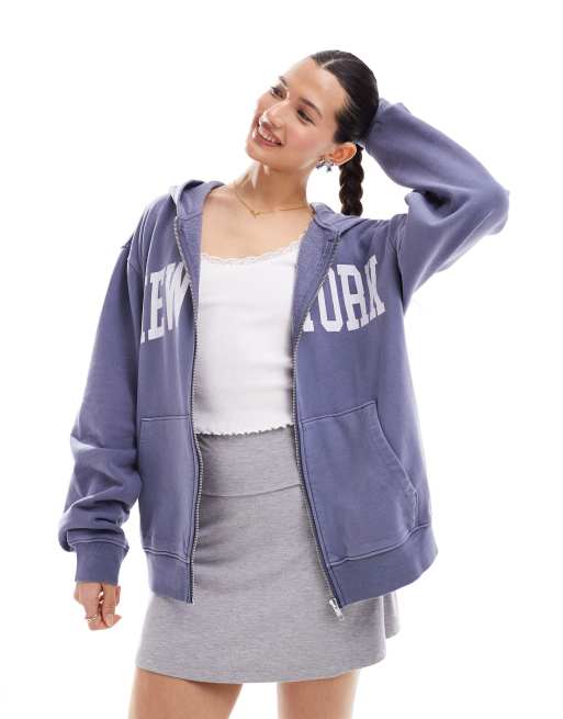 Miss Selfridge – New York – Kapuzenjacke in verwaschenem Marineblau mit durchgehendem Reißverschluss