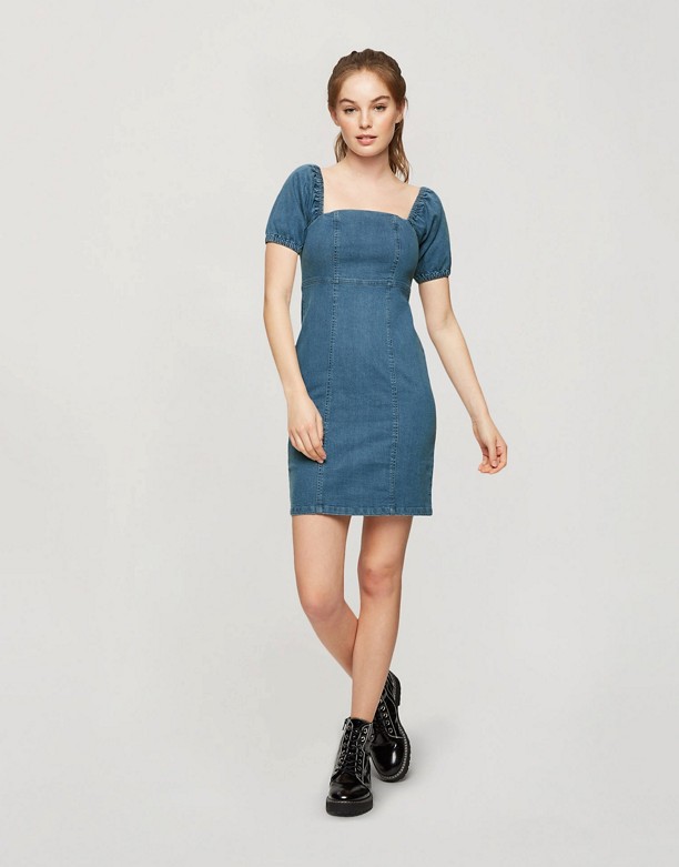 Miss Selfridge – Niebieska denimowa sukienka mini z bufkami Niebieski Ograniczony 