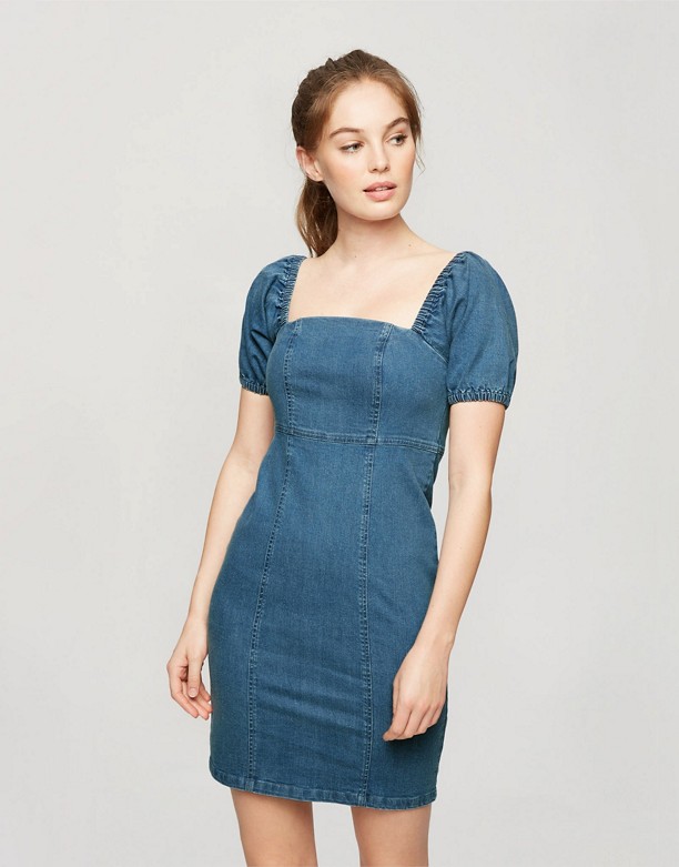 Miss Selfridge – Niebieska denimowa sukienka mini z bufkami Niebieski Ograniczony 