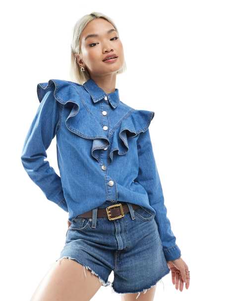 Miss Selfridge – Niebieska kurtka z falbanką w kowbojskim stylu z tkaniny chambray - view 1