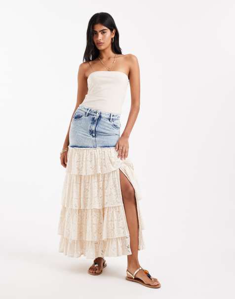 Miss Selfridge lace contrast denim maxi skirt in mid blue wash