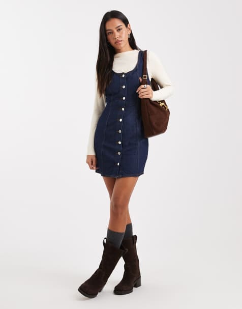 Miss Selfridge button through denim mini dress in blue wash