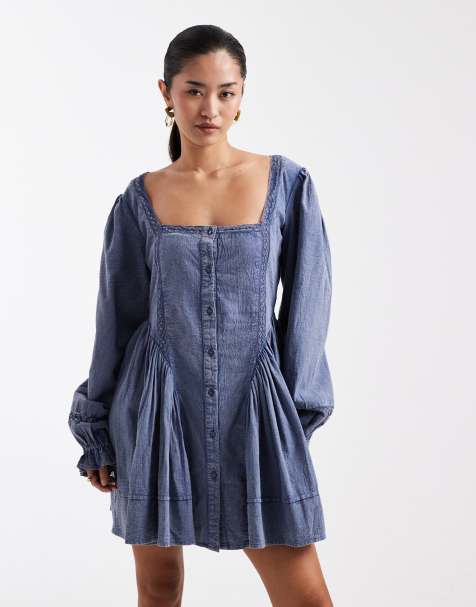 Miss Selfridge – Niebieska sukienka mini z długimi rękawami z tkaniny chambray z efektem sprania - view 1