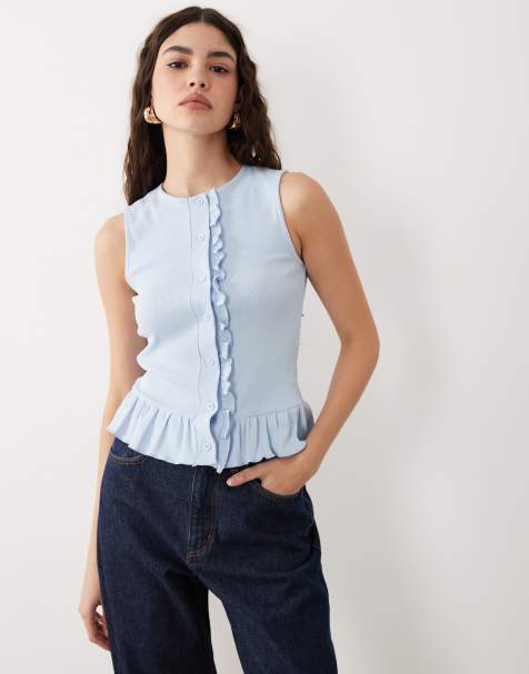Miss Selfridge – Niebieski zapinany na guziki top bez rękawów z falbanką na dole - view 1