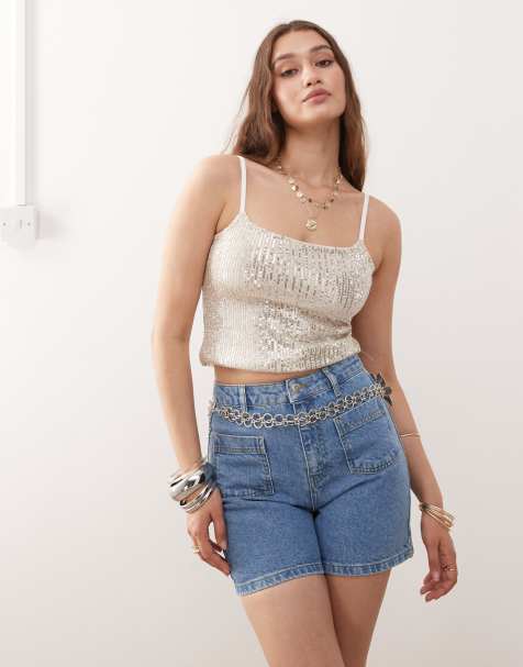 Miss Selfridge patch pocket denim short in mid wash
