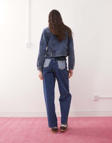 Miss Selfridge – Niebieskie jeansy baggy z naszywkami w kwiatowy wzór - view 1