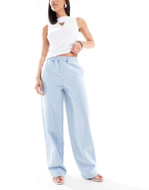 Miss Selfridge pull on elastic waist straight leg jeans in bleach wash