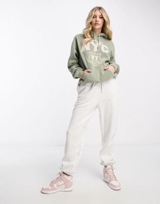 Miss Selfridge NYC graphic front print hoodie in vintage washed khaki