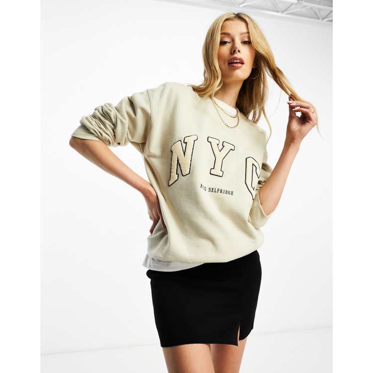 Miss Selfridge NYC terrycloth applique sweatshirt in beige | ASOS