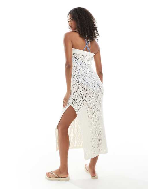 Miss Selfridge o ring bandeau crochet maxi dress in cream, 3 of 4