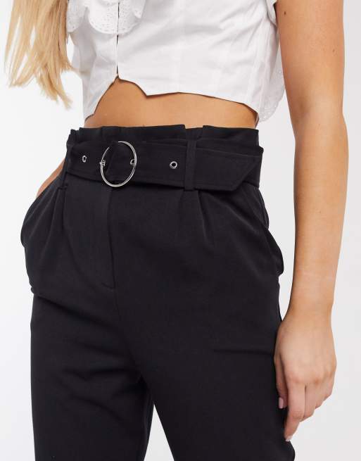Miss Selfridge o-ring paper bag pants in black, 3 of 4