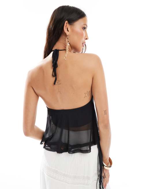 Miss Selfridge o-ring ruffle split front top in black, 3 of 4