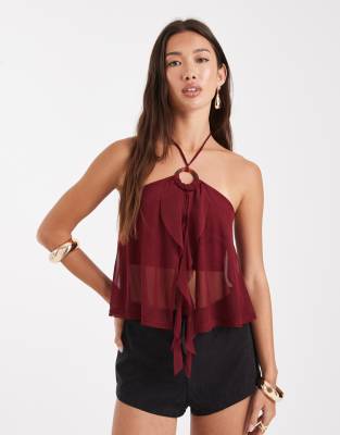 Miss Selfridge O Ring Ruffle Split Front Top In Red