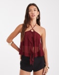 [Miss Selfridge] Miss Selfridge o ring ruffle split front top in burgundy-Red S BURGUNDY