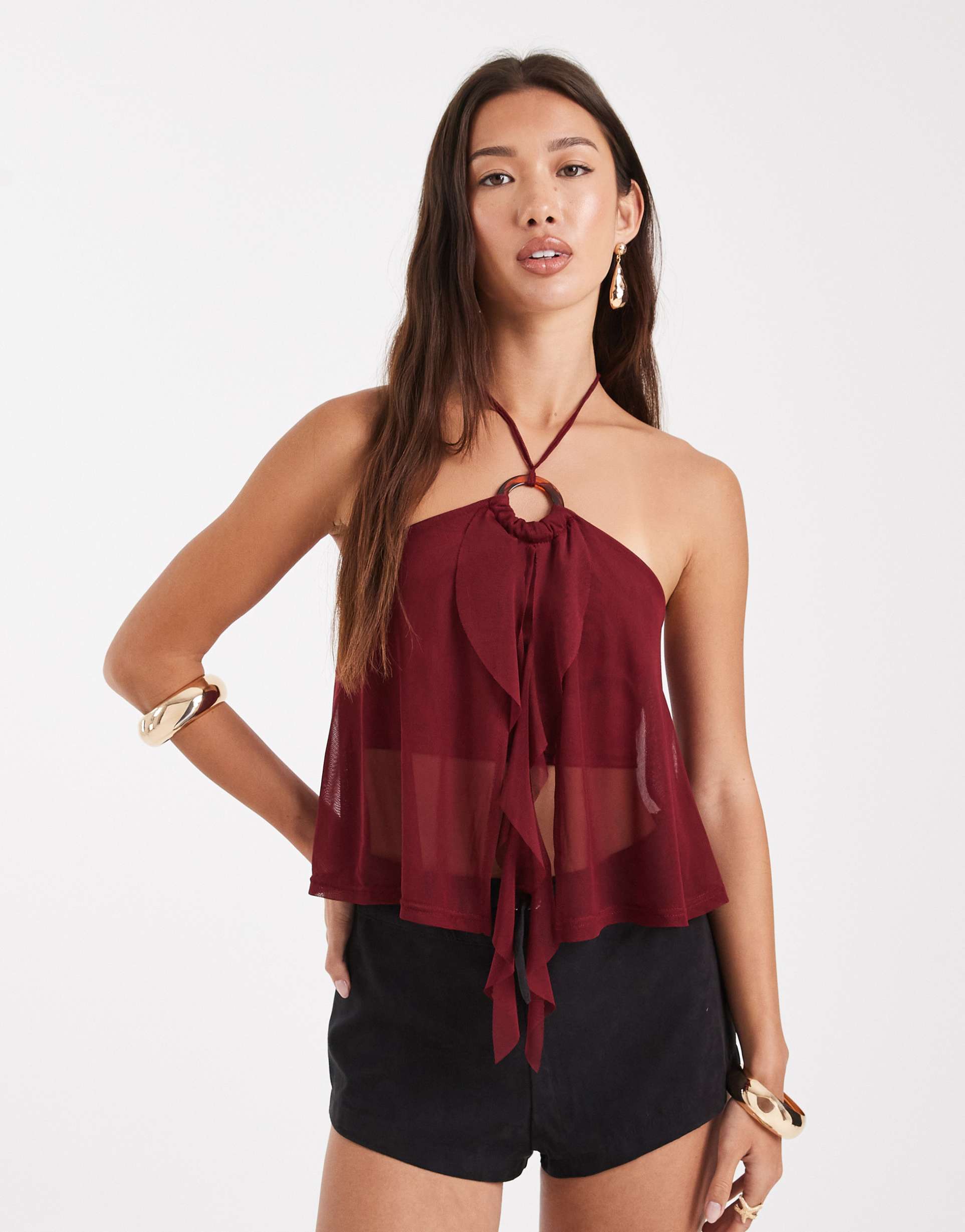 miss selfridge o ring ruffle split front top in burgundy