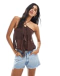 [Miss Selfridge] Miss Selfridge o ring ruffle split front top in chocolate-Brown XS Chocolate