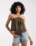 [Miss Selfridge] Miss Selfridge o-ring ruffle split front top in khaki-Green XS KHAKI