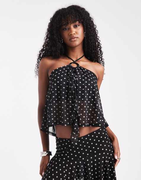 Miss Selfridge o ring ruffle split front top in polka dot - view 1