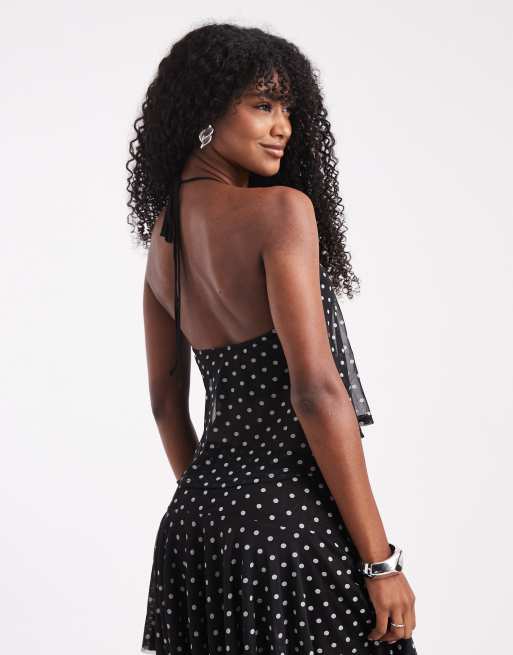 Miss Selfridge o ring ruffle split front top in polka dot, 2 of 4