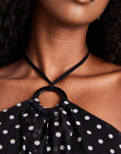 Miss Selfridge o ring ruffle split front top in polka dot, 4 of 4
