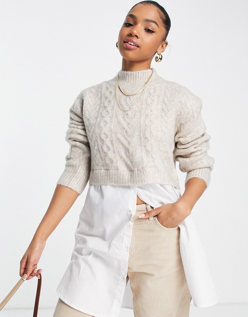 Miss Selfridge Oatmeal Cable Knit 2 in 1 Long Line Shirt-White