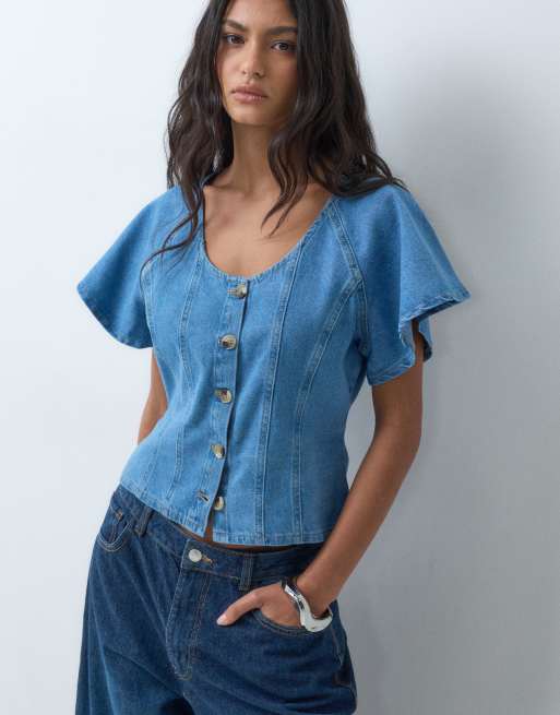 Miss Selfridge Oberteil aus Denim mit Volantärmeln in mittlerer Waschung, 3 von 5