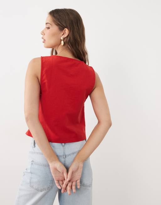 Miss Selfridge – Oberteil aus Leinenmix in Rot mit geschnürter Vorderseite, 4 von 4