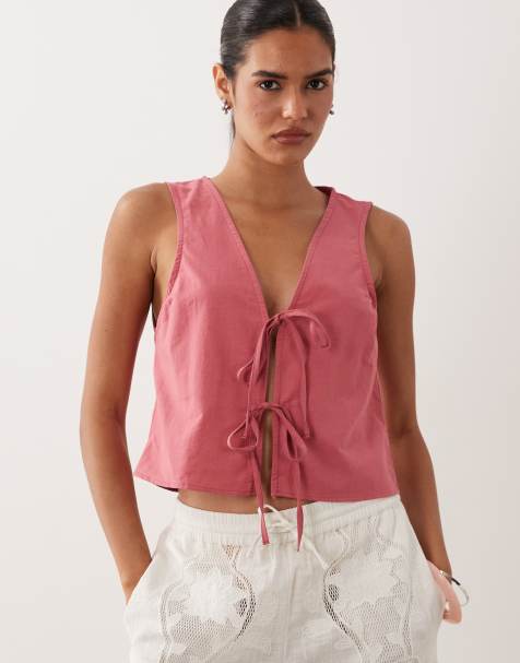 Miss Selfridge Oberteil aus Leinenmix mit Bindeband vorn in Himbeere - view 1
