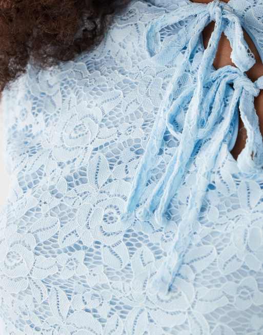 Miss Selfridge – Oberteil aus Spitze in Blau mit geschnürtem Mandarinkragen, 3 von 4