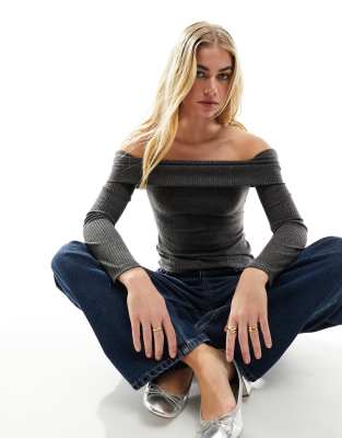 Miss Selfridge – Oberteil in Anthrazit mit Bardot-Ausschnitt