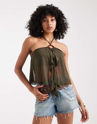 Miss Selfridge - Oberteil in Khaki mit O-Ring, Rüsche und Schlitz vorne-Grün