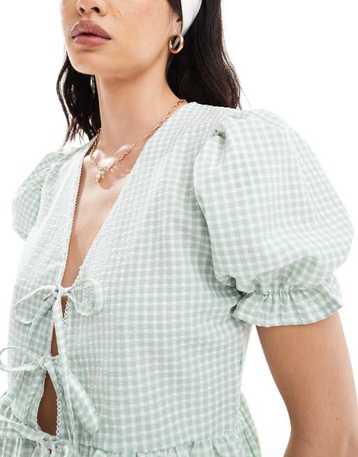 Miss Selfridge – Oberteil in Minzgrün mit Puffärmeln und Vichy-Karo, 3 von 4