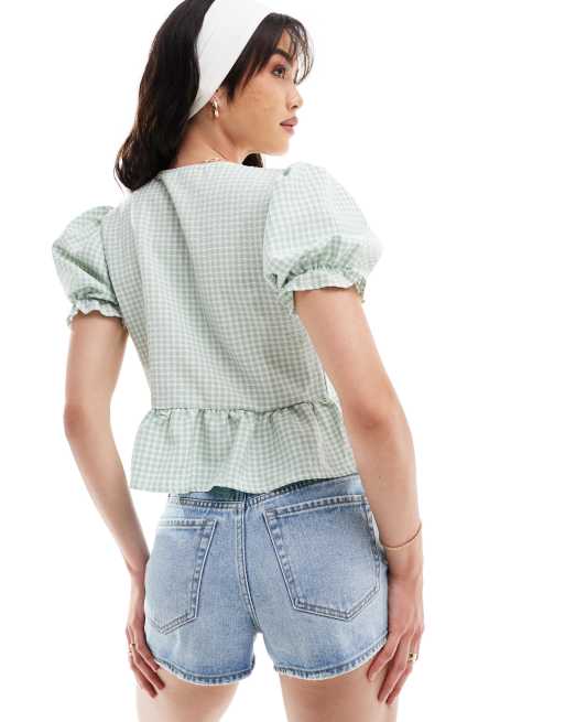 Miss Selfridge – Oberteil in Minzgrün mit Puffärmeln und Vichy-Karo, 4 von 4