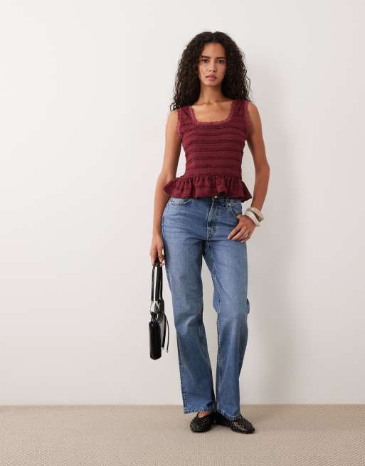 Miss Selfridge Oberteil mit eckigem Ausschnitt, Struktur und Peplum-Saum in Pink, 3 von 4