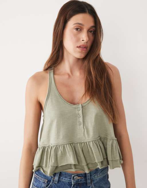 Miss Selfridge Oberteil mit Schößchen-Saum und durchgehender Knopfleiste in Khaki, 4 von 4