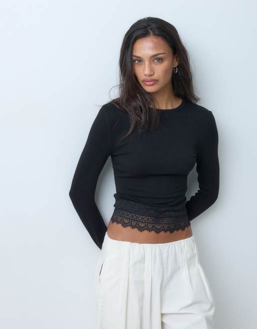 Miss Selfridge Oberteil mit Spitzenbesatz und Rundhalsausschnitt in Schwarz, 4 von 5
