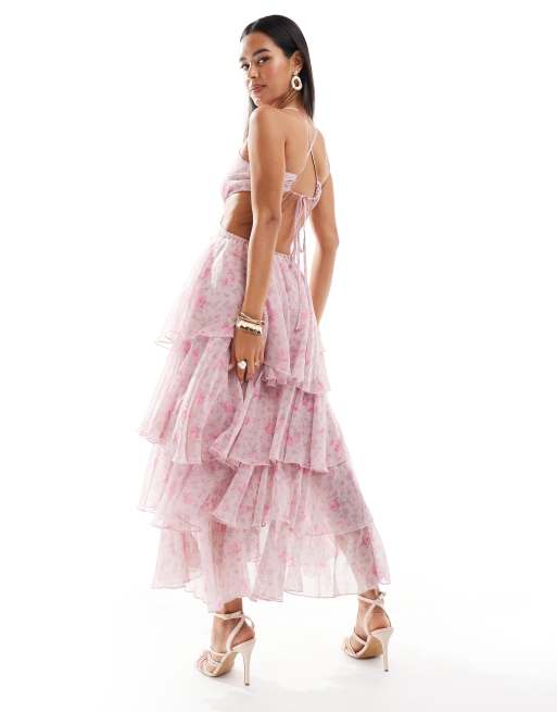 Miss Selfridge occasion chiffon corsage tiered maxi dress in mixed