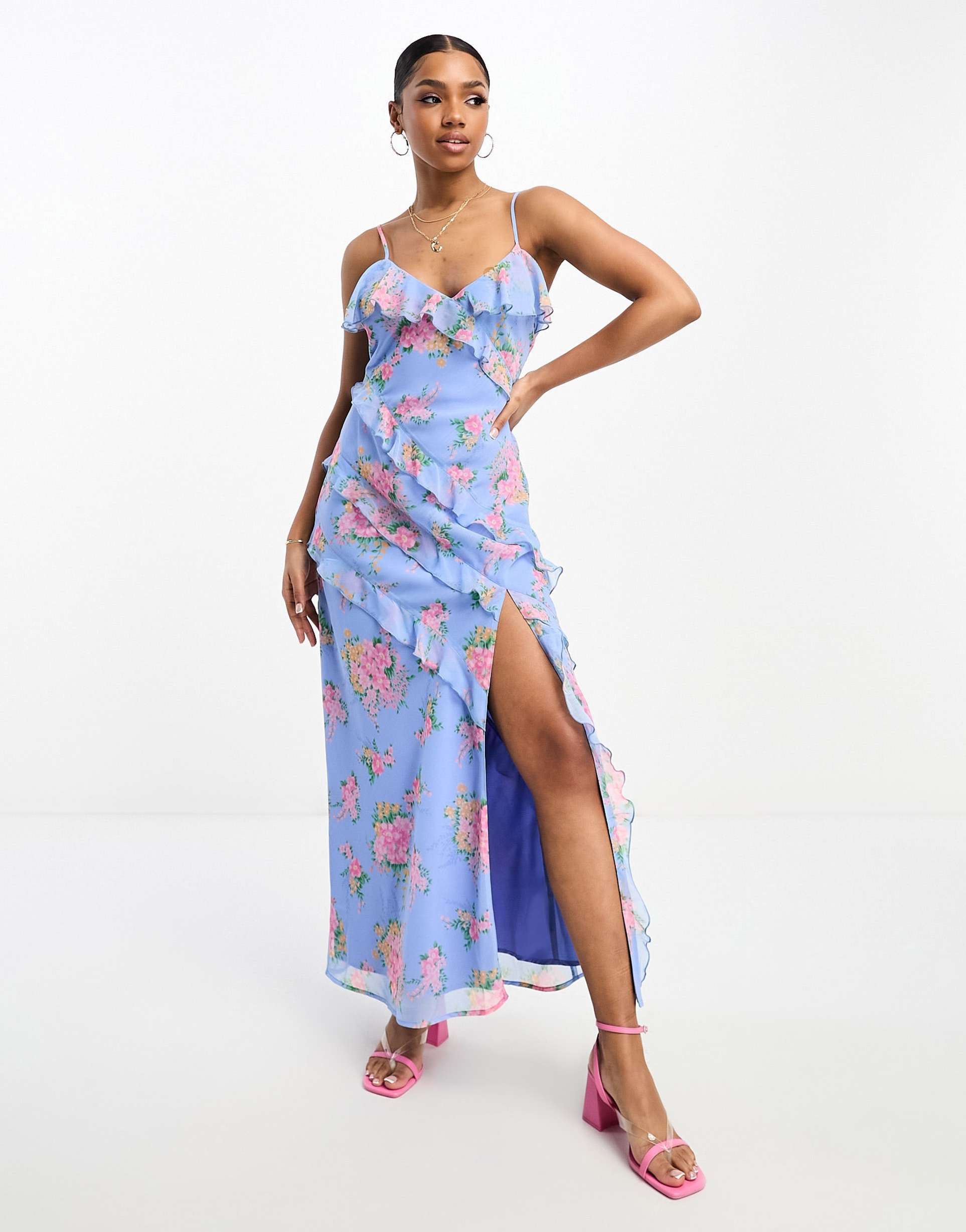 miss selfridge occasion chiffon ruffle detail maxi slip dress in blue floral
