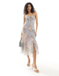 [Miss Selfridge] Miss Selfridge occasion chiffon tie front maxi slip dress in blue vintage floral-Multi 16 Multi