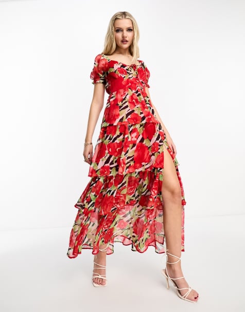 ASOS EDITION cotton twill button front midi dress in red floral