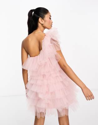 ワンピース ETMON Sheer Frill Slip Mini Dress, Light Pink Light Pink Dress - Pink Skater Dress - One-Shoulder Mini