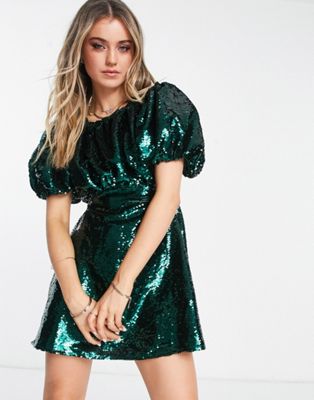 Miss Selfridge occasion sequin volume sleeve mini dress in green | ASOS