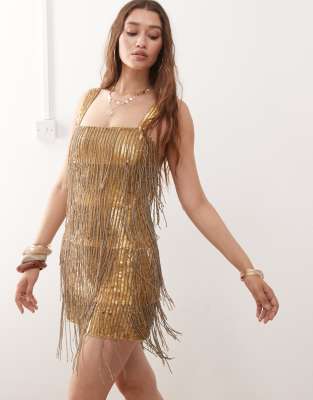 Miss Selfridge Occasion Square Neck Mini Dress-gold