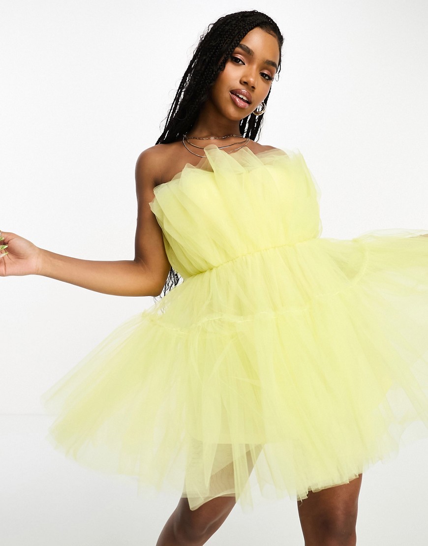 Miss Selfridge occasion tulle mini dress with shorts lining in yellow